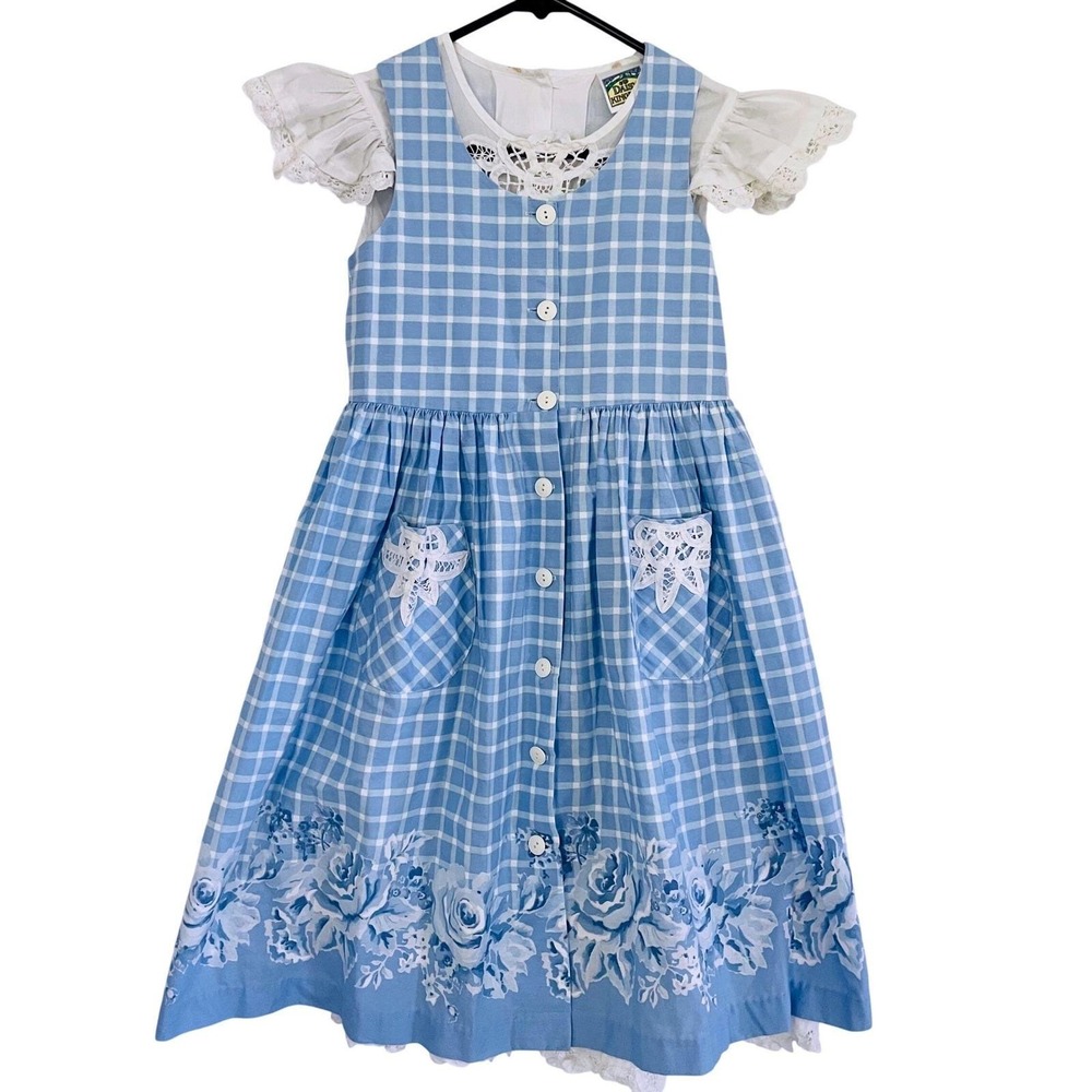 Vtg Daisy Kingdom 7 Pinafore Dress Blue Gingham Floral Lace‎ Prairie Cottagecore